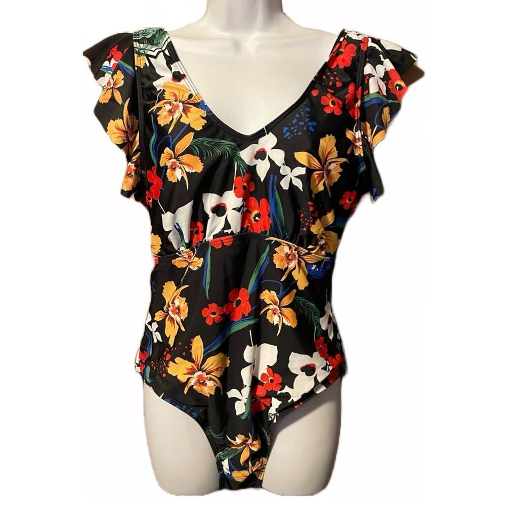 ♥️= 3/$15 Bundle Black and Floral Swimsuit One-piece Ruffle Shoulders XL